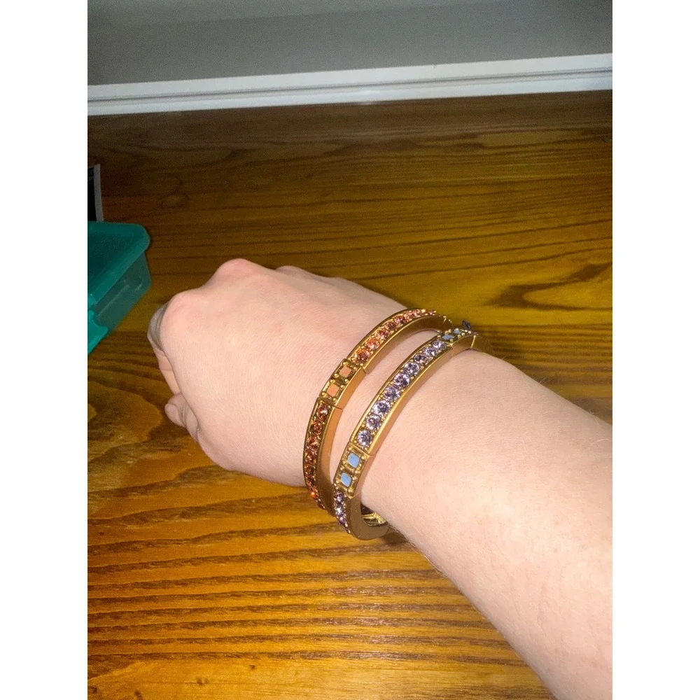 Lane Bryant Set of 2 Rhinestone Hinge Bangle Bracelets Purple Orange Gold Tone